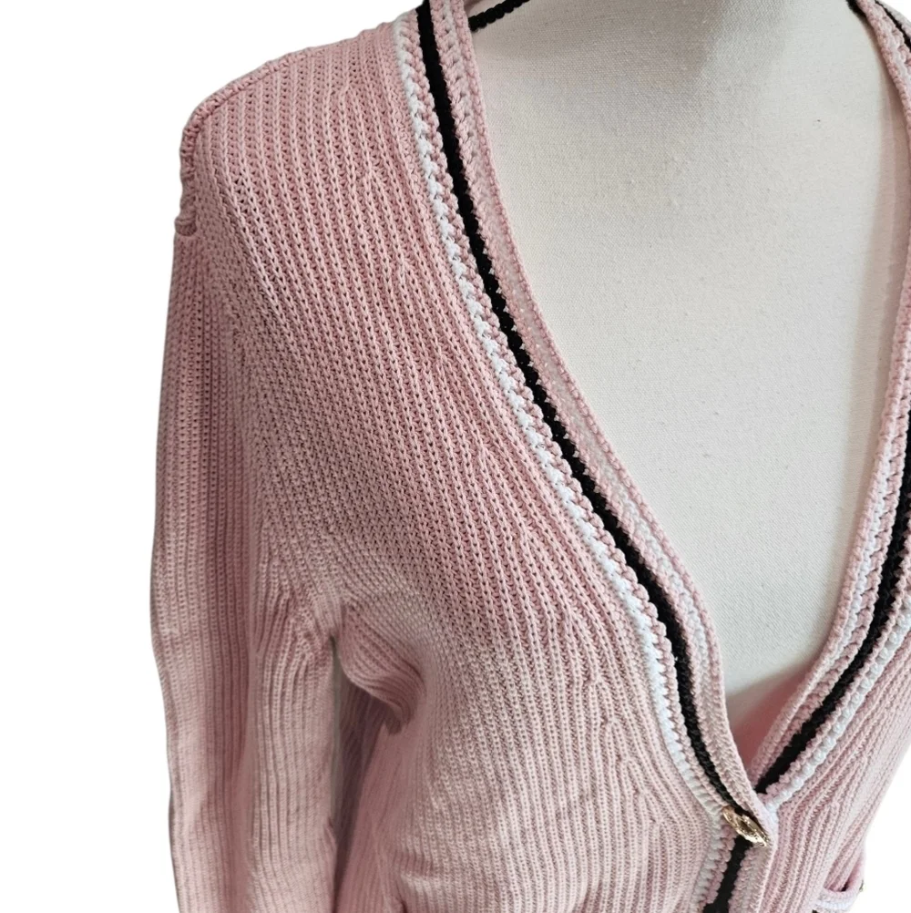 Talbots Gold Button Preppy Cotton Pink V-Neck Women's Cardigan Sweater